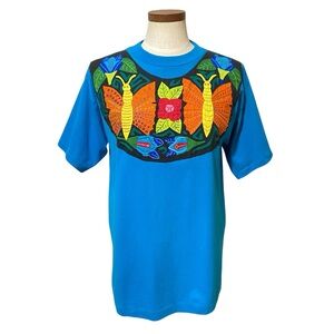Vintage Fashion Gear Quilted Embroidered Butterfly Floral Tropical T Shirt Sz L
